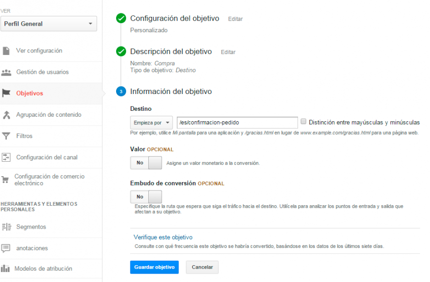 objetivo de conversion analytics